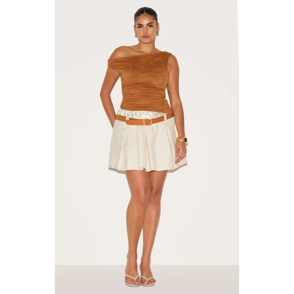 Plus Cream Double Waistband Belted Tailored Mini Skirt