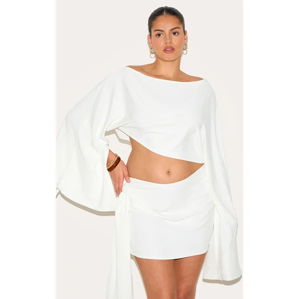 Plus Cream Floaty Woven Slash Neck Long Sleeve Top