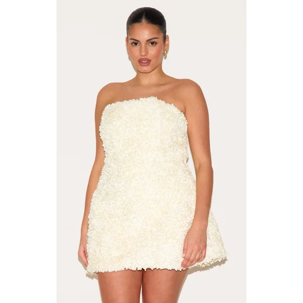 Plus Cream Floral Textured Bandeau Mini Dress