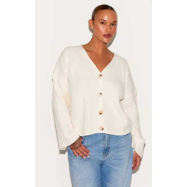 Plus Cream Knit Rib Button Cardigan
