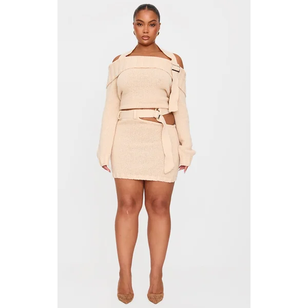 Plus Cream Knitted Cut Out Buckle Detail Mini Skirt