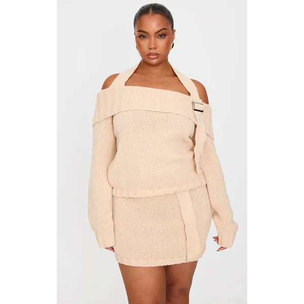Plus Cream Knitted Fold Over Buckle Detail Sweater