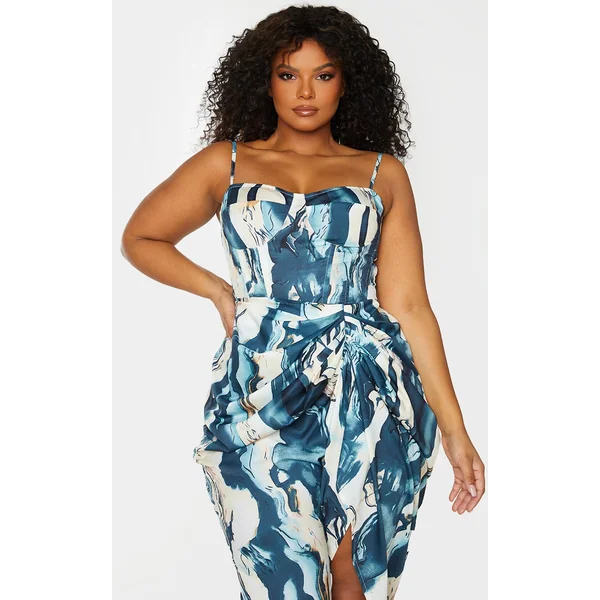 Plus Cream Marble Print Structured Corset Top