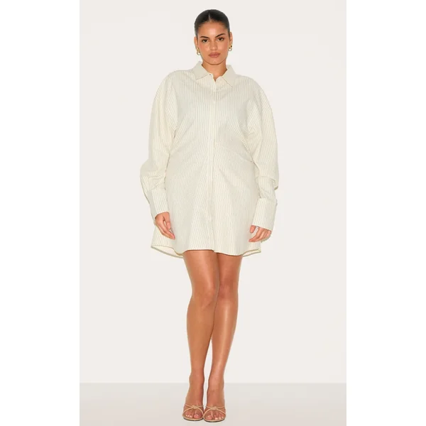 Plus Cream Pinstripe Seersucker Cinch Waist Shirt Dress