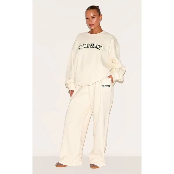Plus Cream Premium Embroidered Norway Wide Leg Sweatpant