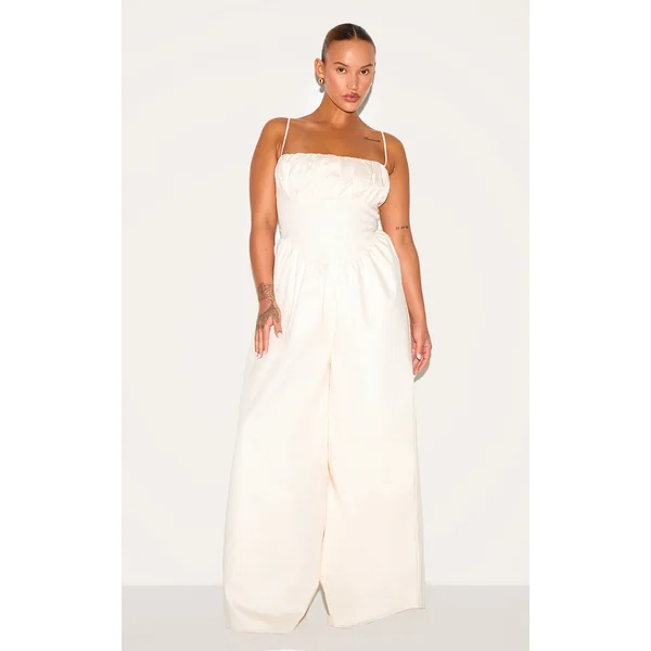 Plus Cream Premium Ruched Corset Detail Wide Leg Jumpsuit