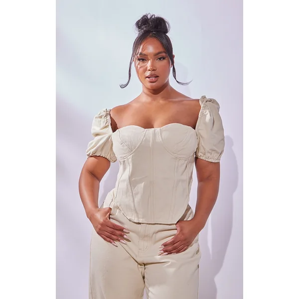 Plus Cream Puff Sleeve Denim Corset Top
