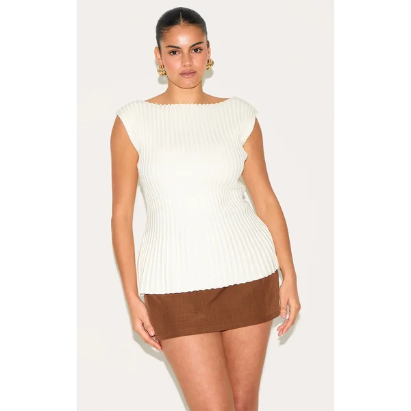Plus Cream Rib Knit Boat Neck Peplum Top