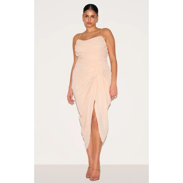 Plus Cream Ruched Drape Midi Dress