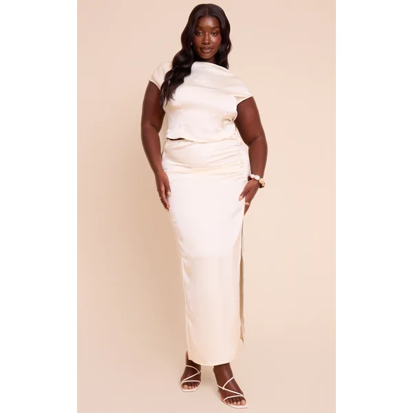 Plus Cream Ruched Satin Split Detail Maxi Skirt