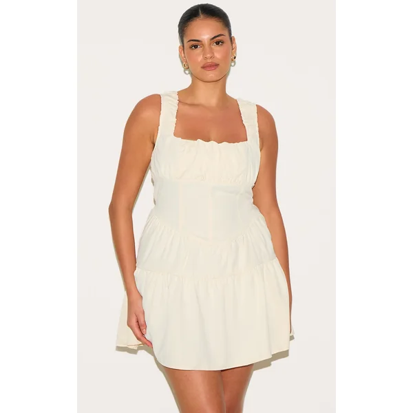 Plus Cream Ruched Tiered Corset Skater Dress