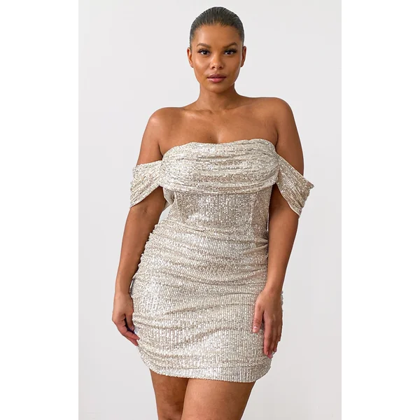 Plus Cream Sequin Bardot Bodycon Dress