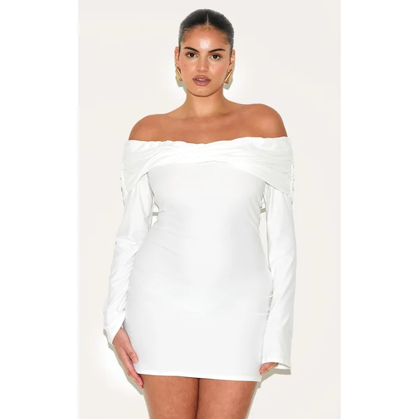 Plus Cream Soft Touch Twist Detail Bardot Bodycon Dress