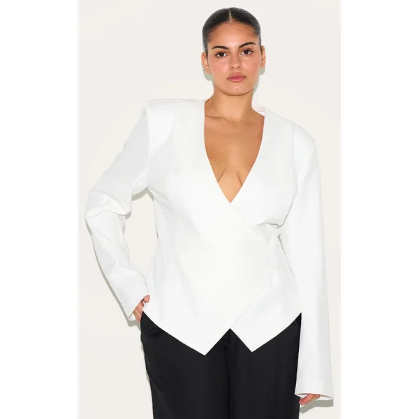 Plus Cream Tailored Cinched Woven Asymmetric Blazer