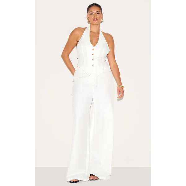 Plus Cream Tailored Woven Wide Leg Pants