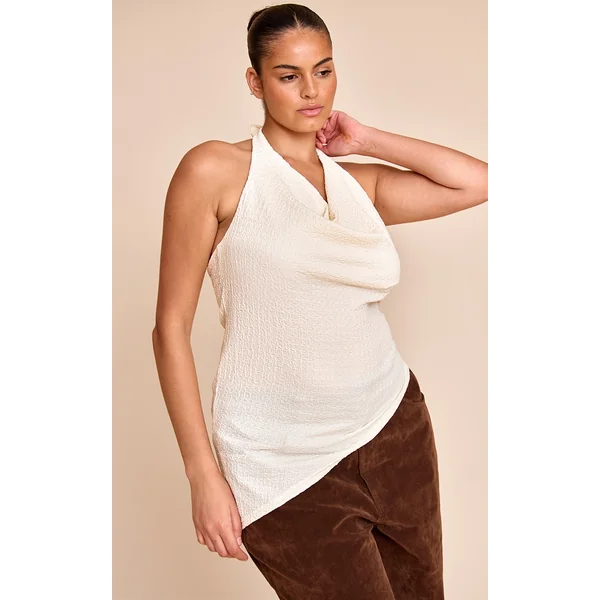 Plus Cream Textured Cowl Neck Asymmetric Hem Long Top