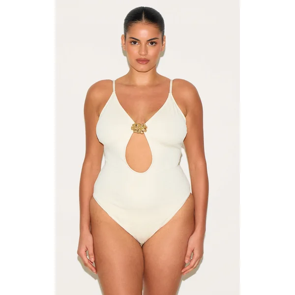 Plus Cream Textured Flower Trim Plunge Swimsuit