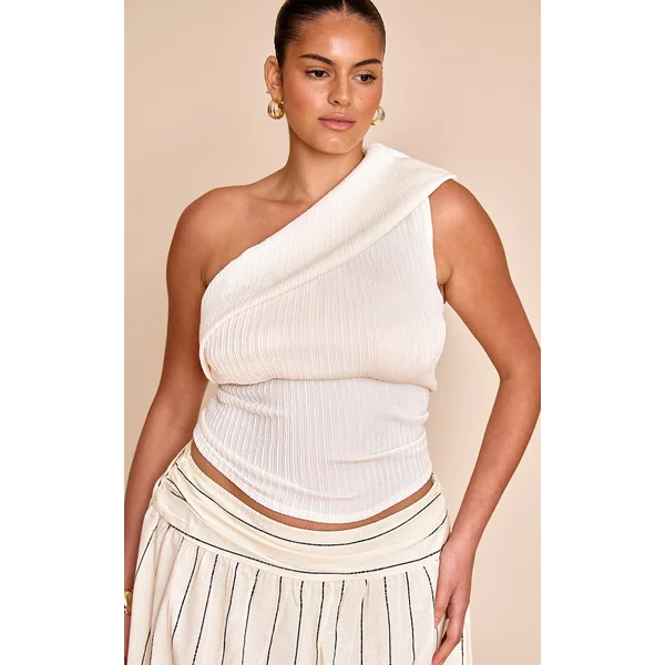 Plus Cream Textured Fold Over One Shoulder Long Top