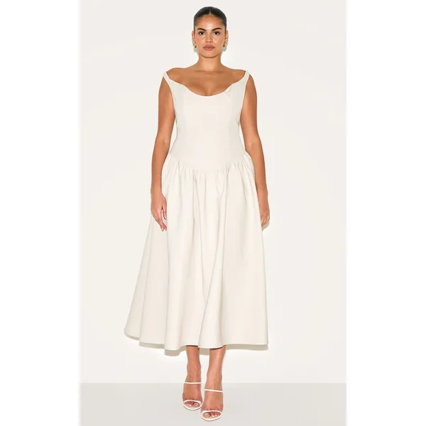 Plus Cream Woven Dipped Bardot Ruched Midaxi Dress
