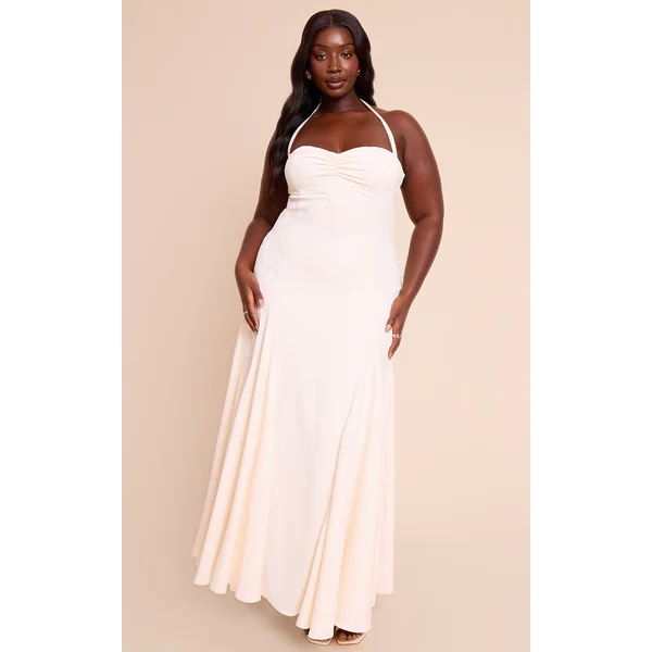 Plus Cream Woven Halterneck Ruched Bust Detail Maxi Dress