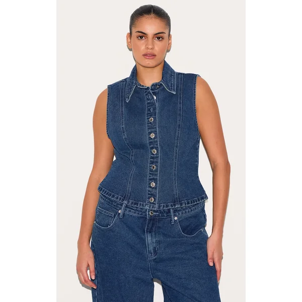 Plus Dark Blue Denim Collar Vest