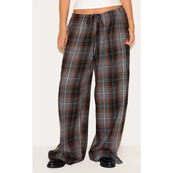 Plus Dark Brown Check Print Drawstring Waist Slouchy Pants