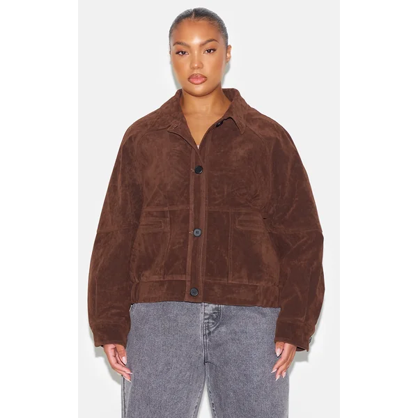 Plus Dark Brown Oversized Faux Suede Jacket