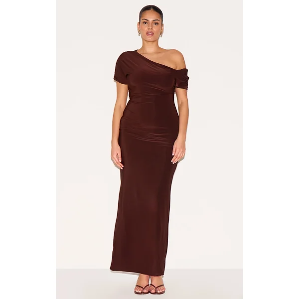 Plus Dark Chocolate Double Layer Slinky Asymmetric Ruched Sleeve Maxi Dress