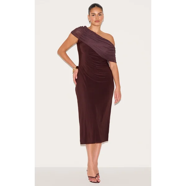 Plus Dark Chocolate Double Layer Slinky Mesh Overlay Maxi Dress
