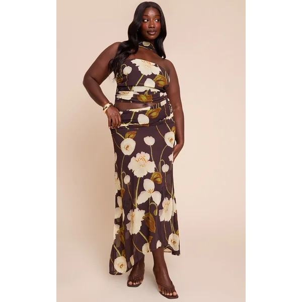 Plus Dark Chocolate Floral Printed Chiffon Ruched Maxi Skirt