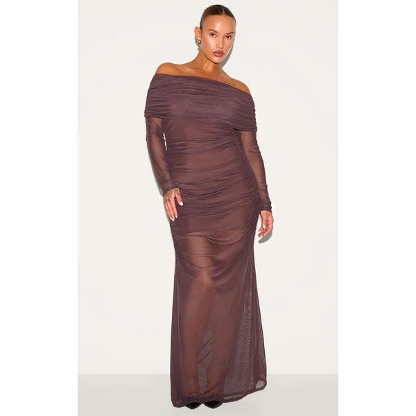 Plus Dark Chocolate Mesh Overlay Long Sleeve Bardot Maxi Dress