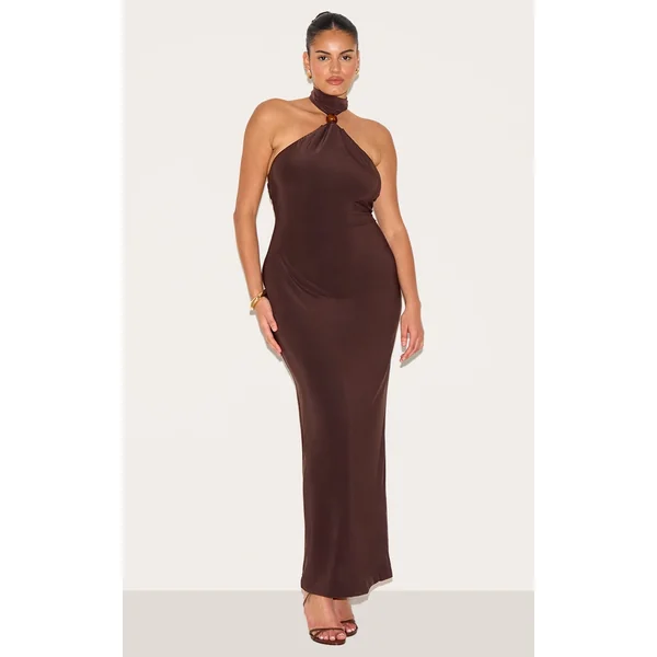 Plus Dark Chocolate Slinky Bead Detail Halter Maxi Dress