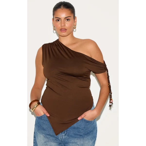 Plus Dark Chocolate Slinky Bead Tassel Detail Asymmetric Long Top