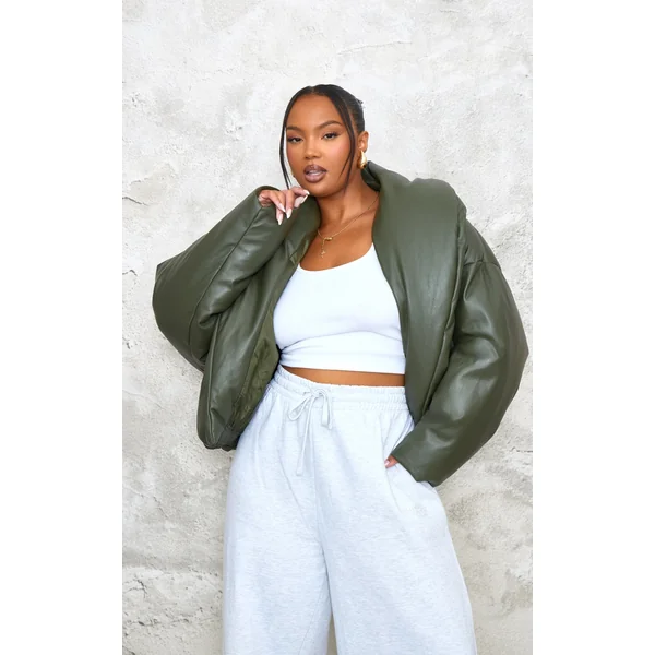 Plus Dark Khaki Exaggerated Collar PU Cropped Puffer Coat