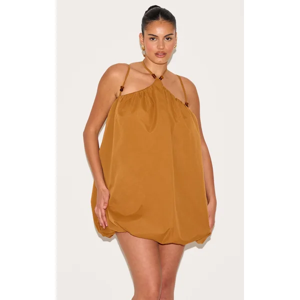 Plus Dark Ochre Halterneck Bead Detail Puffball Dress
