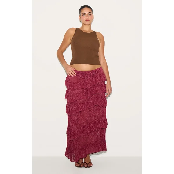 Plus Dark Plum Premium Lace Tiered Floaty Maxi Skirt