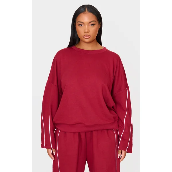 Plus Dark Red Contrast Piping Detail Sweatshirt