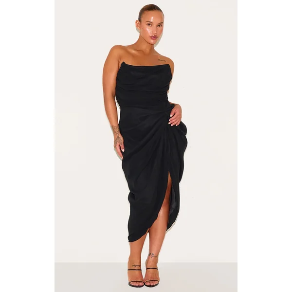 Plus Deep Black Chiffon Corset Bandeau Draped Midi Dress