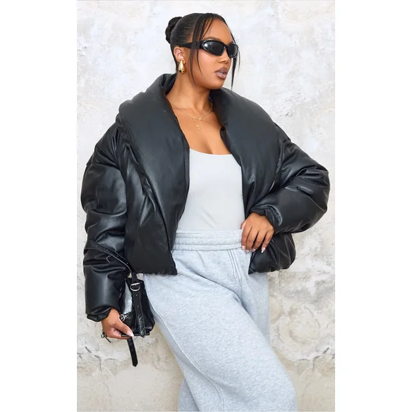 Plus Deep Black Exaggerated Collar PU Cropped Puffer Coat
