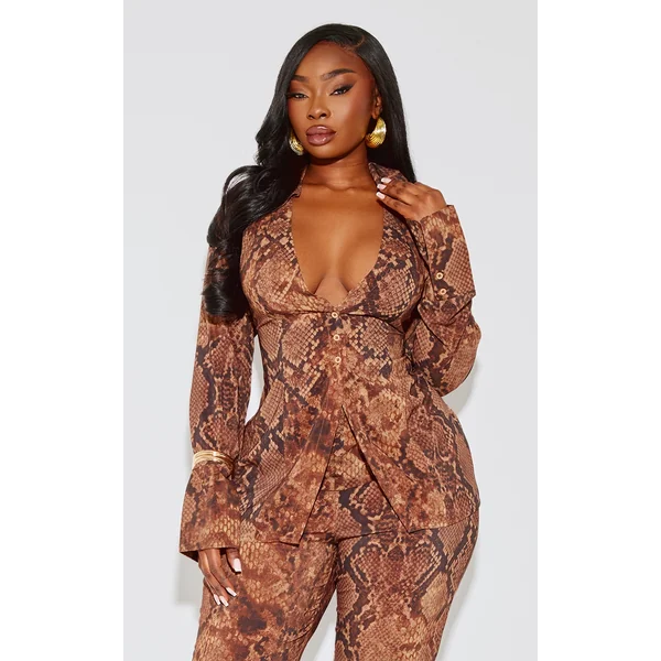 Plus Deep Brown Snake Print Chiffon Fitted Shirt