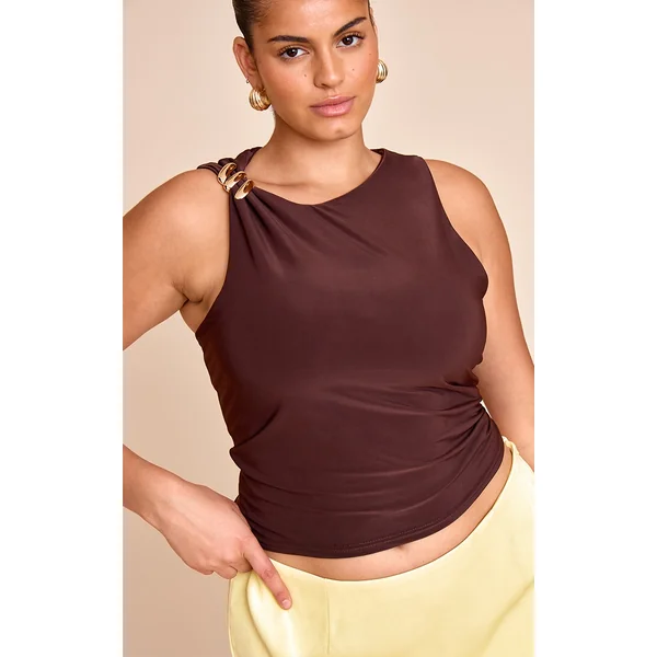 Plus Deep Chocolate Double Layer Slinky Trim Detail Long Vest Top