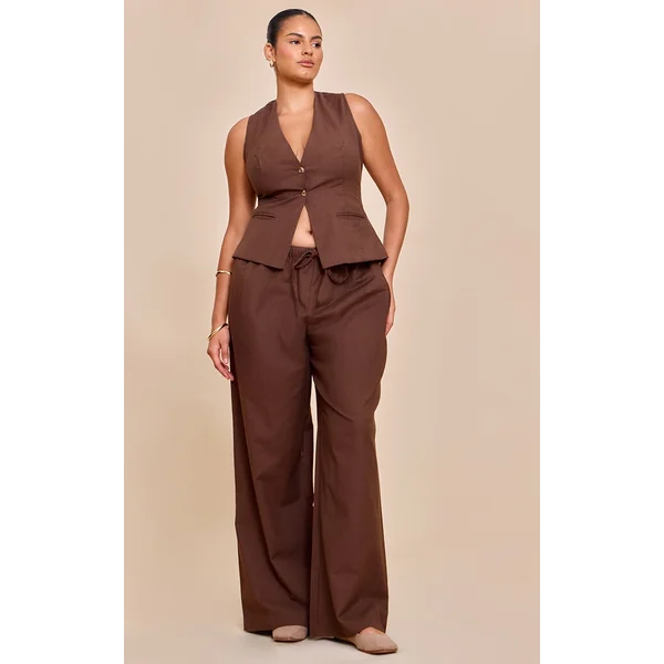 Plus Deep Chocolate Drawstring Wide Pants