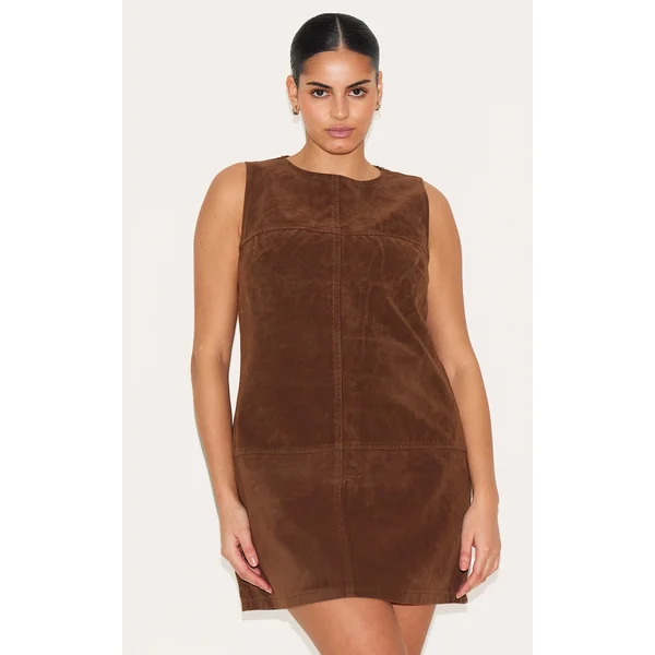 Plus Deep Chocolate Faux Suede Seam Detail Sleeveless Shift Dress