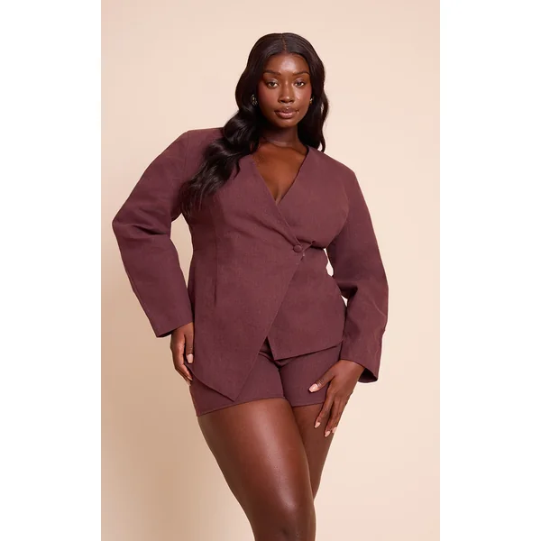 Plus Deep Chocolate Premium Linen Tailored Cocoon Sleeve Cinched Blazer
