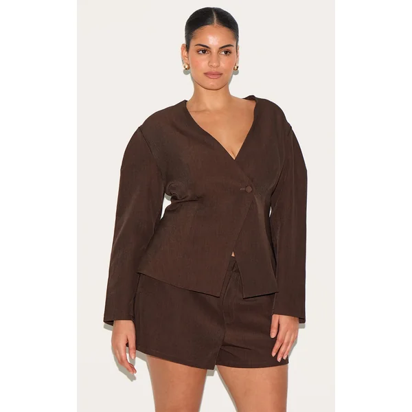 Plus Deep Chocolate Tailored Cinched Waist Asymmetric Blazer