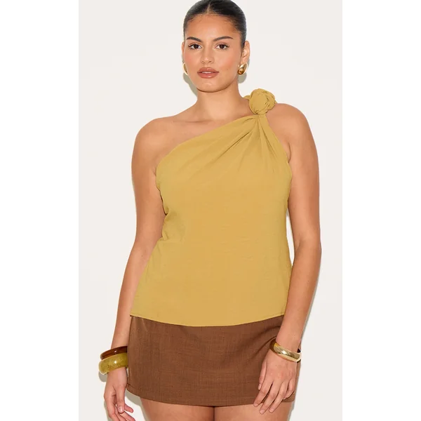 Plus Deep Mustard Floaty Woven One Shoulder Knot Detail Top