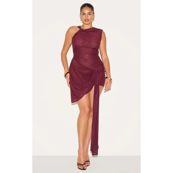 Plus Deep Red Double Layer Mesh Twist Detail Mini Dress