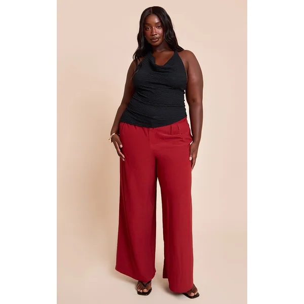 Plus Deep Red Floaty Woven Double Pleat Wide Leg Pants