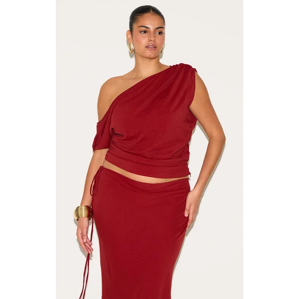 Plus Deep Red Floaty Woven Ruched One Shoulder Top