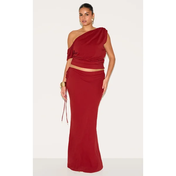 Plus Deep Red Floaty Woven Tie Side Low Rise Maxi Skirt